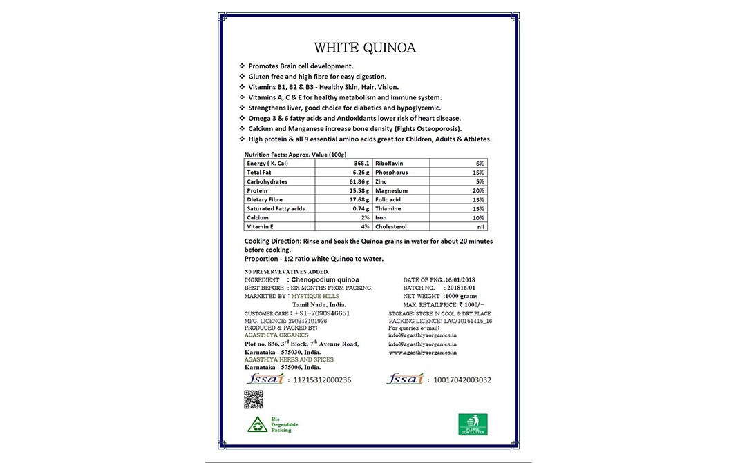 Mystique Hills Organic White Quinoa Whole Grain   Box  1 kilogram